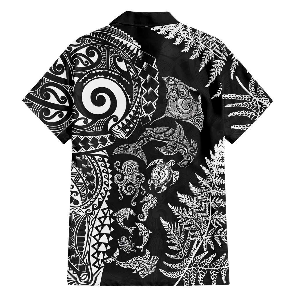 New Zealand Sea Animals Family Matching Long Sleeve Bodycon Dress and Hawaiian Shirt with Maori Koru Tribal Tattoo and Silver Ferns Black Color
