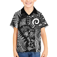 New Zealand Sea Animals Family Matching Long Sleeve Bodycon Dress and Hawaiian Shirt with Maori Koru Tribal Tattoo and Silver Ferns Black Color