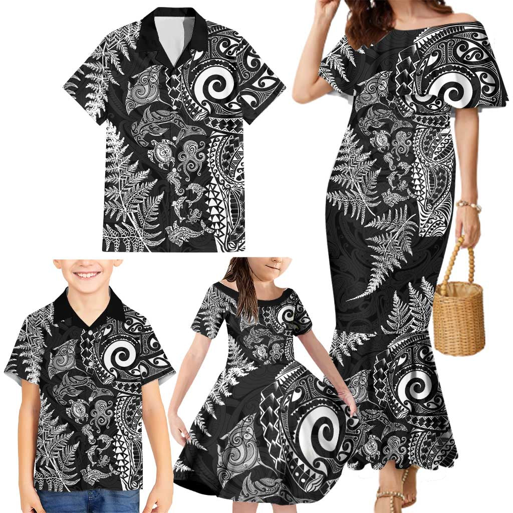 New Zealand Sea Animals Family Matching Mermaid Dress and Hawaiian Shirt with Maori Koru Tribal Tattoo and Silver Ferns Black Color