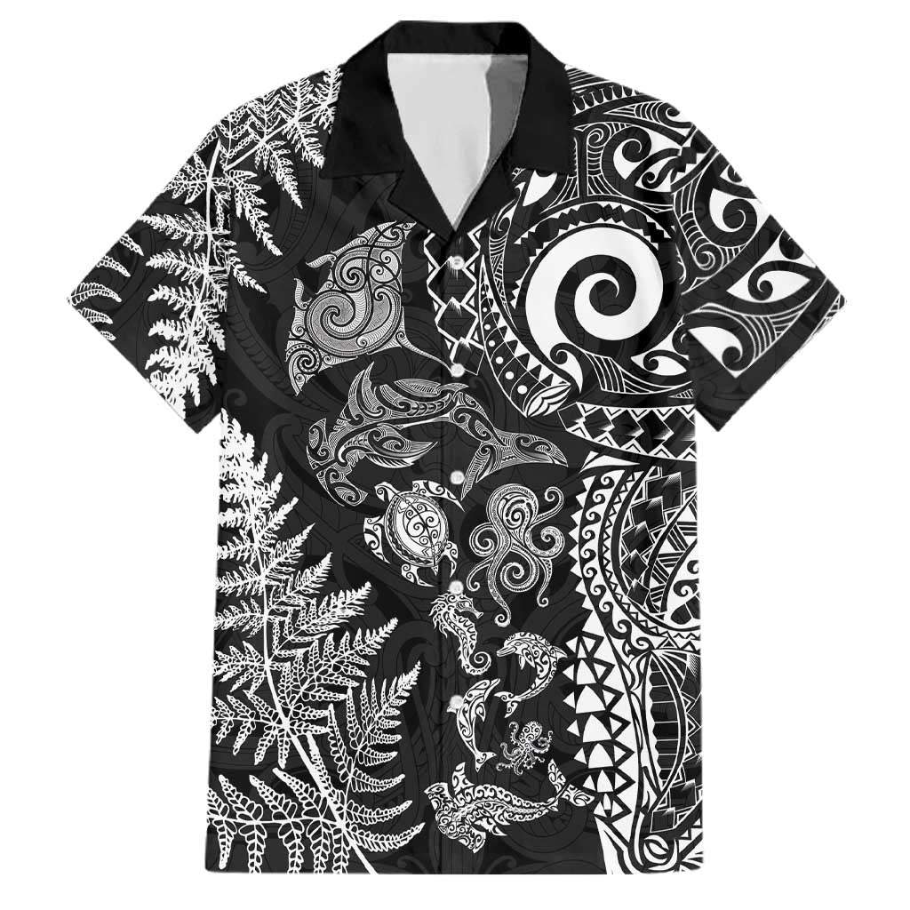New Zealand Sea Animals Family Matching Off The Shoulder Long Sleeve Dress and Hawaiian Shirt with Maori Koru Tribal Tattoo and Silver Ferns Black Color