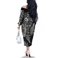 New Zealand Sea Animals Family Matching Off The Shoulder Long Sleeve Dress and Hawaiian Shirt with Maori Koru Tribal Tattoo and Silver Ferns Black Color