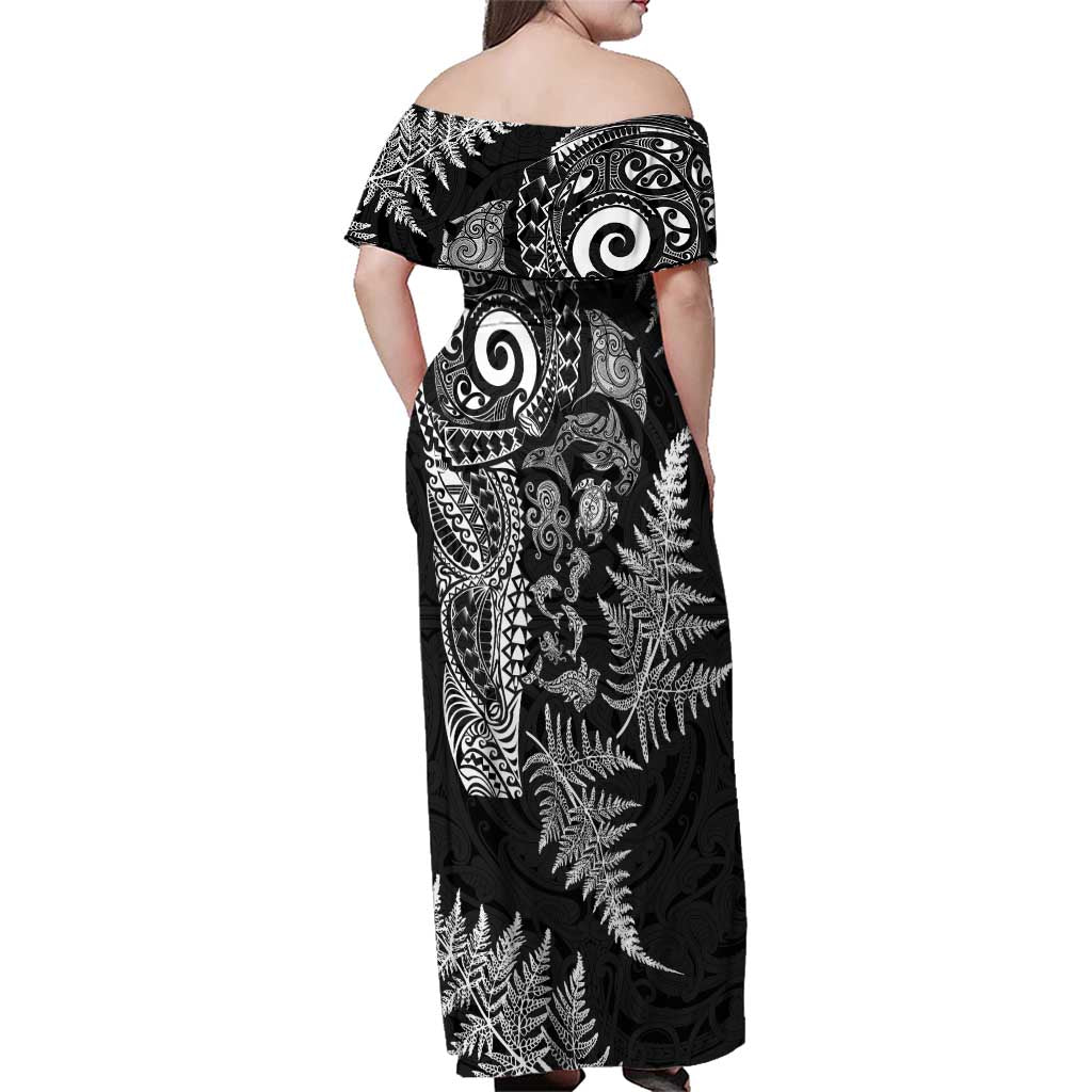 New Zealand Sea Animals Family Matching Off Shoulder Maxi Dress and Hawaiian Shirt with Maori Koru Tribal Tattoo and Silver Ferns Black Color