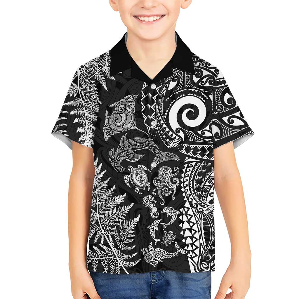 New Zealand Sea Animals Family Matching Off Shoulder Maxi Dress and Hawaiian Shirt with Maori Koru Tribal Tattoo and Silver Ferns Black Color