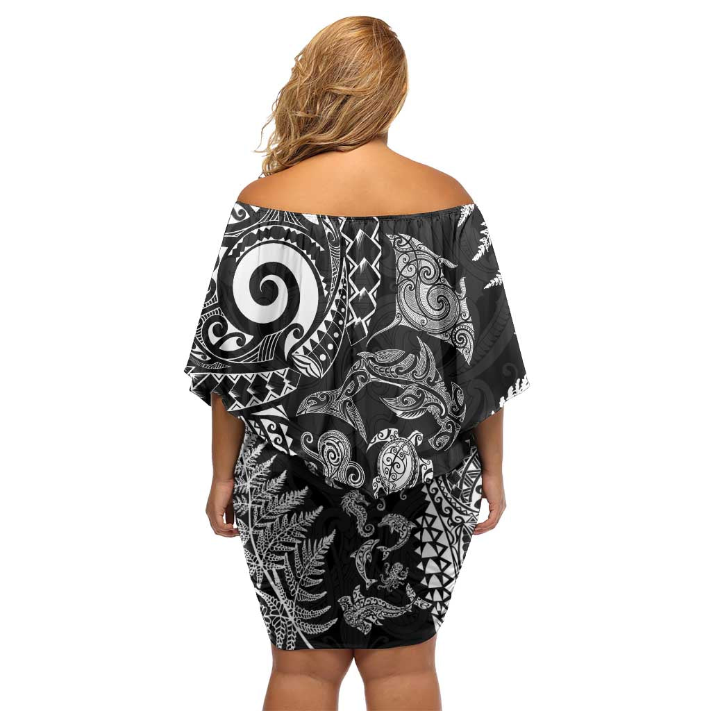New Zealand Sea Animals Family Matching Off Shoulder Short Dress and Hawaiian Shirt with Maori Koru Tribal Tattoo and Silver Ferns Black Color
