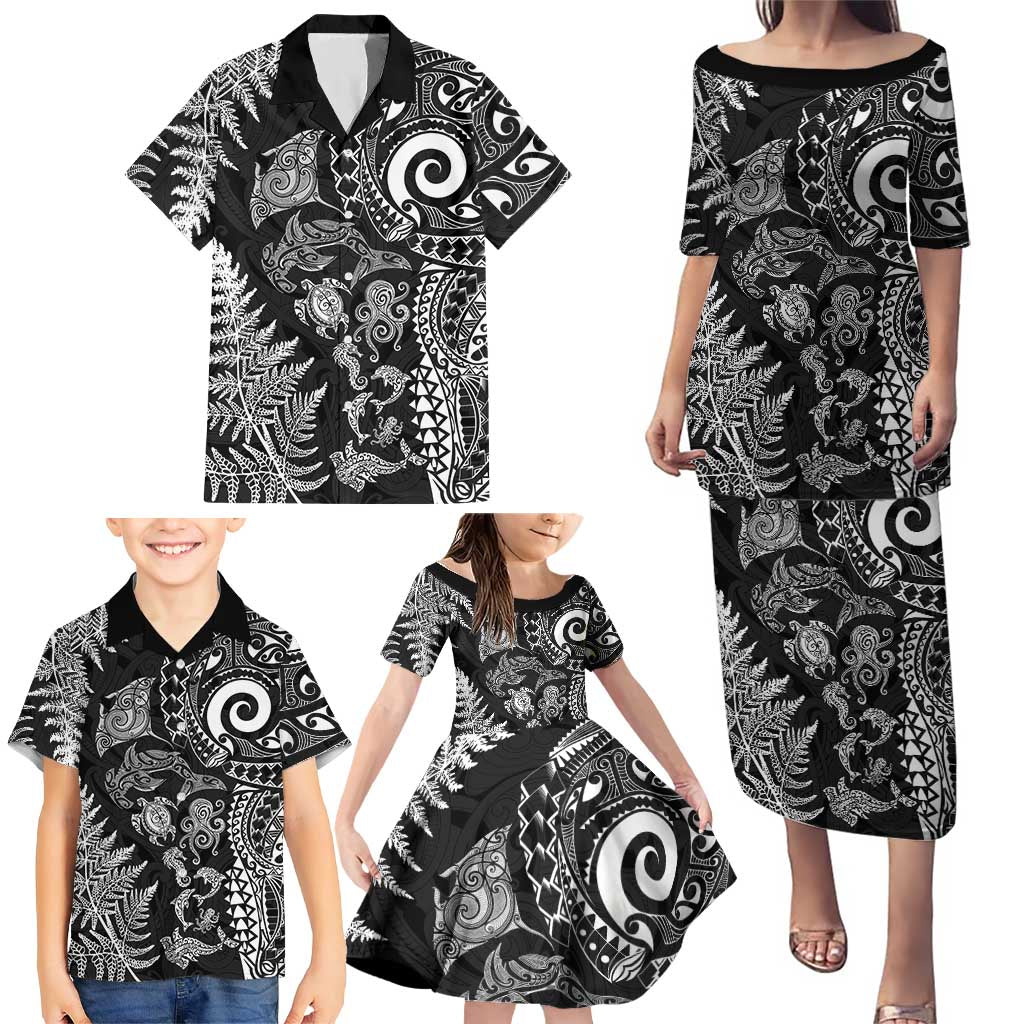 New Zealand Sea Animals Family Matching Puletasi and Hawaiian Shirt with Maori Koru Tribal Tattoo and Silver Ferns Black Color