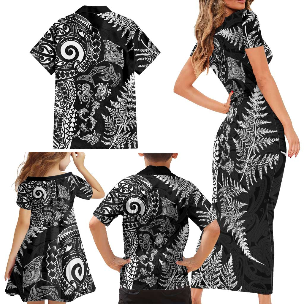 New Zealand Sea Animals Family Matching Short Sleeve Bodycon Dress and Hawaiian Shirt with Maori Koru Tribal Tattoo and Silver Ferns Black Color