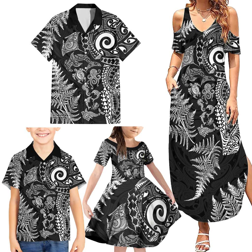 New Zealand Sea Animals Family Matching Summer Maxi Dress and Hawaiian Shirt with Maori Koru Tribal Tattoo and Silver Ferns Black Color