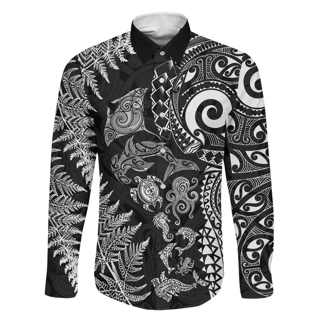 New Zealand Sea Animals Family Matching Summer Maxi Dress and Hawaiian Shirt with Maori Koru Tribal Tattoo and Silver Ferns Black Color