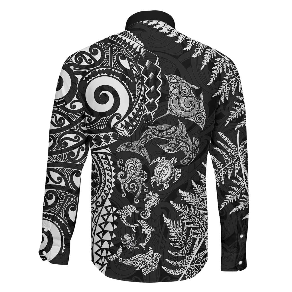New Zealand Sea Animals Family Matching Summer Maxi Dress and Hawaiian Shirt with Maori Koru Tribal Tattoo and Silver Ferns Black Color