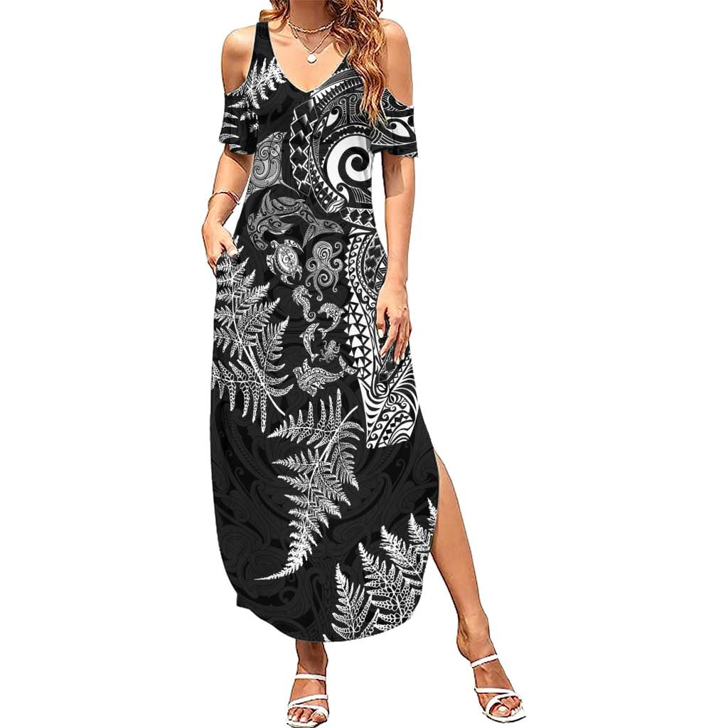 New Zealand Sea Animals Family Matching Summer Maxi Dress and Hawaiian Shirt with Maori Koru Tribal Tattoo and Silver Ferns Black Color