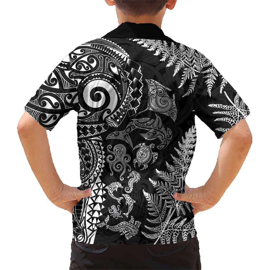 New Zealand Sea Animals Family Matching Tank Maxi Dress and Hawaiian Shirt with Maori Koru Tribal Tattoo and Silver Ferns Black Color