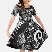 New Zealand Sea Animals Family Matching Tank Maxi Dress and Hawaiian Shirt with Maori Koru Tribal Tattoo and Silver Ferns Black Color