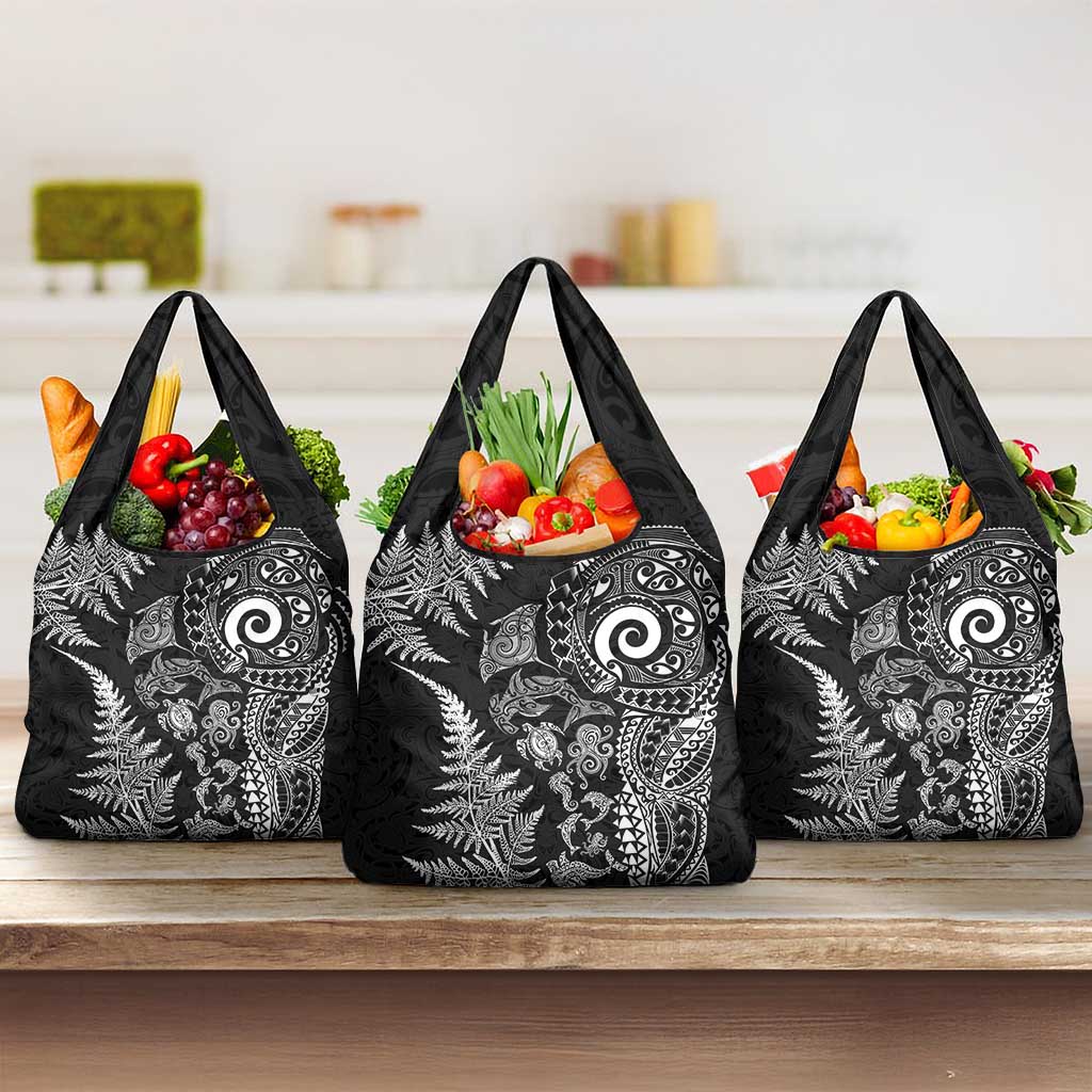 New Zealand Sea Animals Grocery Bag with Maori Koru Tribal Tattoo and Silver Ferns Black Color