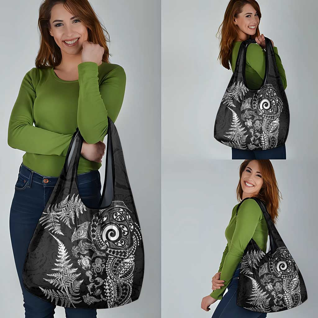 New Zealand Sea Animals Grocery Bag with Maori Koru Tribal Tattoo and Silver Ferns Black Color
