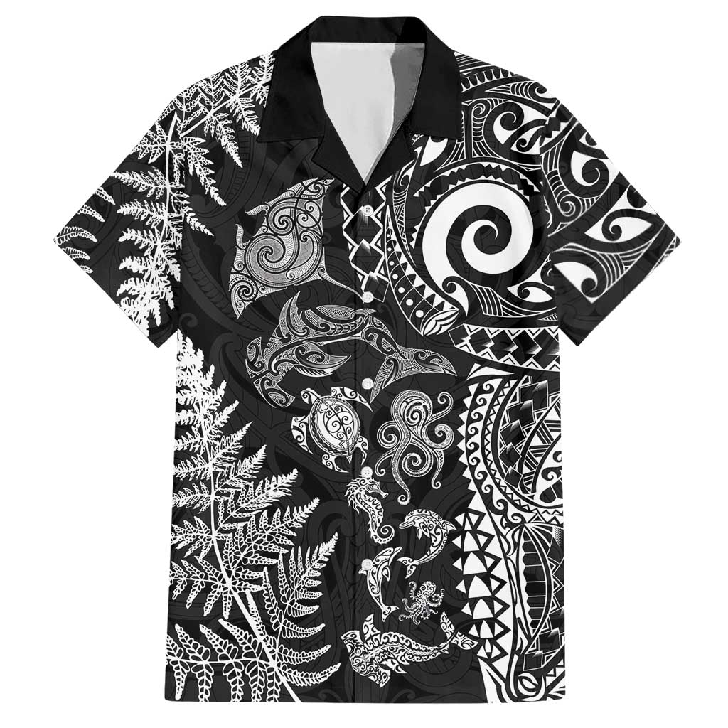 New Zealand Sea Animals Hawaiian Shirt with Maori Koru Tribal Tattoo and Silver Ferns Black Color LT03 Black - Polynesian Pride