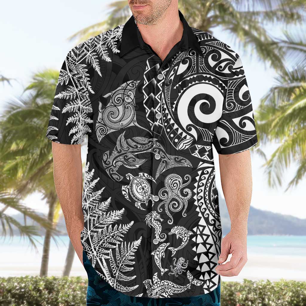New Zealand Sea Animals Hawaiian Shirt with Maori Koru Tribal Tattoo and Silver Ferns Black Color