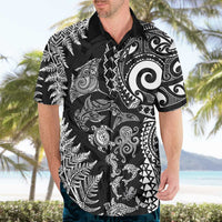 New Zealand Sea Animals Hawaiian Shirt with Maori Koru Tribal Tattoo and Silver Ferns Black Color