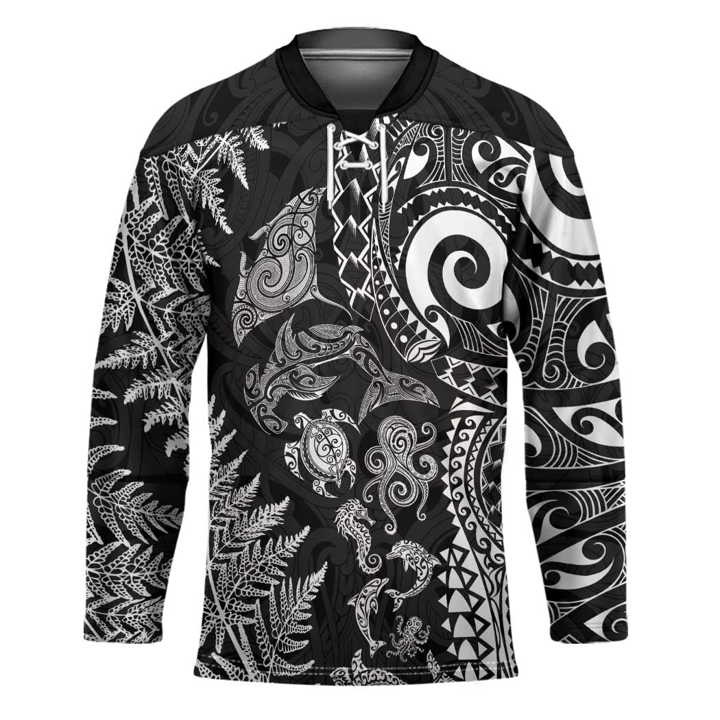 New Zealand Sea Animals Hockey Jersey with Maori Koru Tribal Tattoo and Silver Ferns Black Color