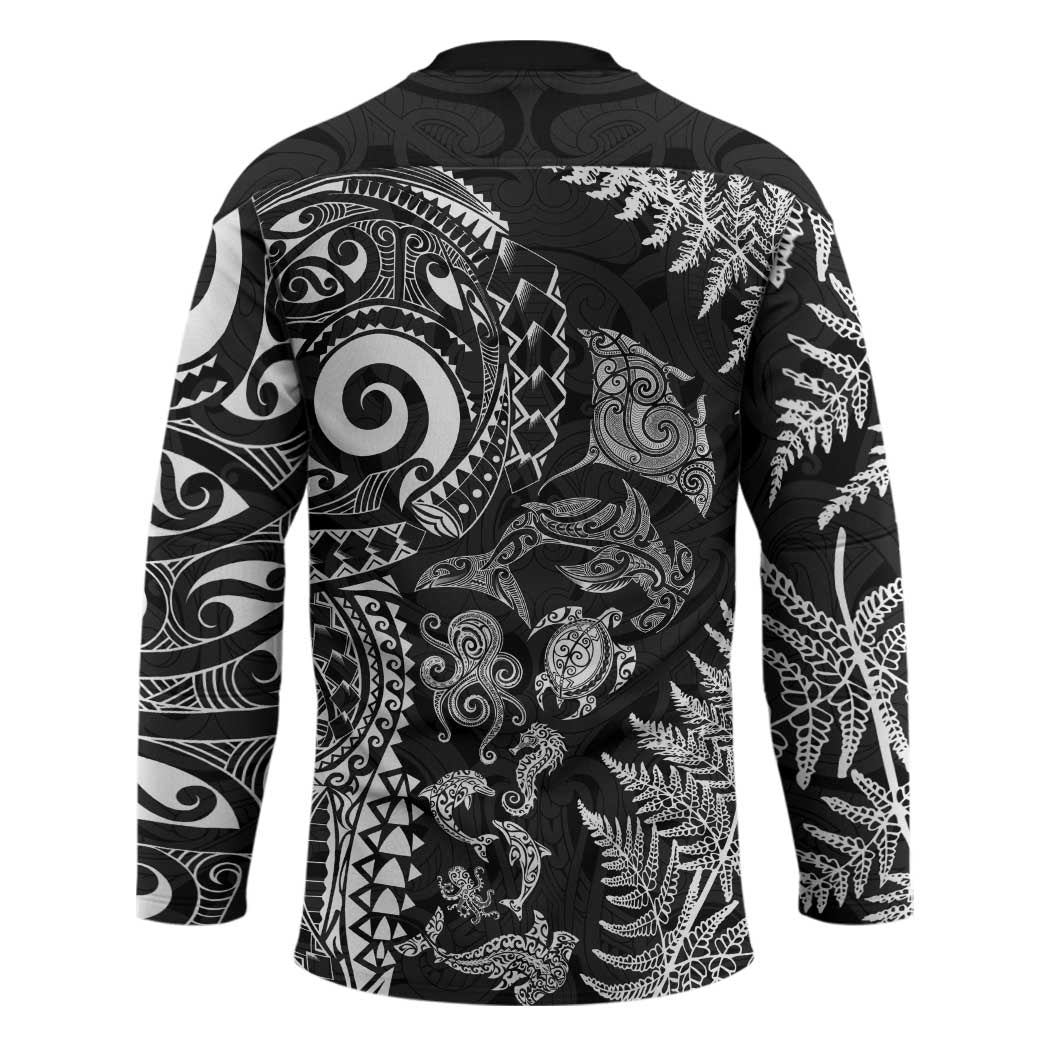 New Zealand Sea Animals Hockey Jersey with Maori Koru Tribal Tattoo and Silver Ferns Black Color
