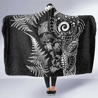 New Zealand Sea Animals Hooded Blanket with Maori Koru Tribal Tattoo and Silver Ferns Black Color