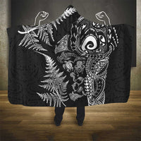 New Zealand Sea Animals Hooded Blanket with Maori Koru Tribal Tattoo and Silver Ferns Black Color
