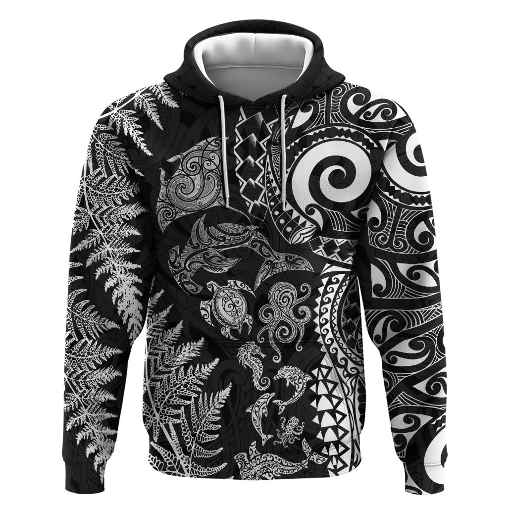 New Zealand Sea Animals Hoodie with Maori Koru Tribal Tattoo and Silver Ferns Black Color LT03 Pullover Hoodie Black - Polynesian Pride