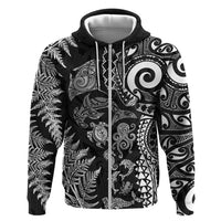 New Zealand Sea Animals Hoodie with Maori Koru Tribal Tattoo and Silver Ferns Black Color
