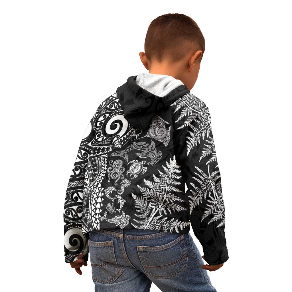 New Zealand Sea Animals Kid Hoodie with Maori Koru Tribal Tattoo and Silver Ferns Black Color