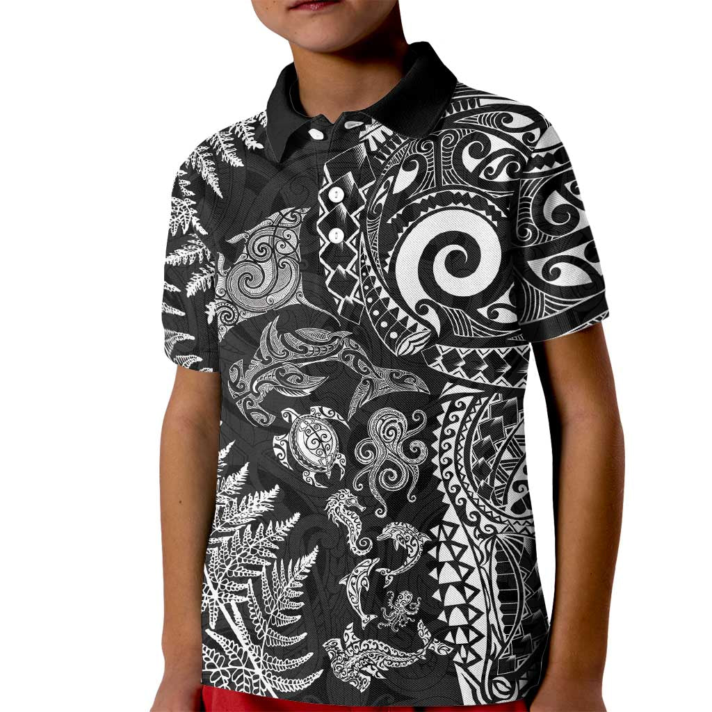 New Zealand Sea Animals Kid Polo Shirt with Maori Koru Tribal Tattoo and Silver Ferns Black Color LT03 Kid Black - Polynesian Pride