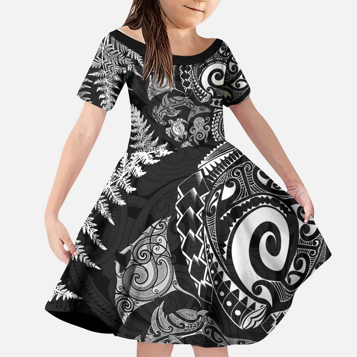 New Zealand Sea Animals Kid Short Sleeve Dress with Maori Koru Tribal Tattoo and Silver Ferns Black Color LT03 KID Black - Polynesian Pride
