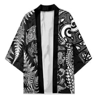 New Zealand Sea Animals Kimono with Maori Koru Tribal Tattoo and Silver Ferns Black Color