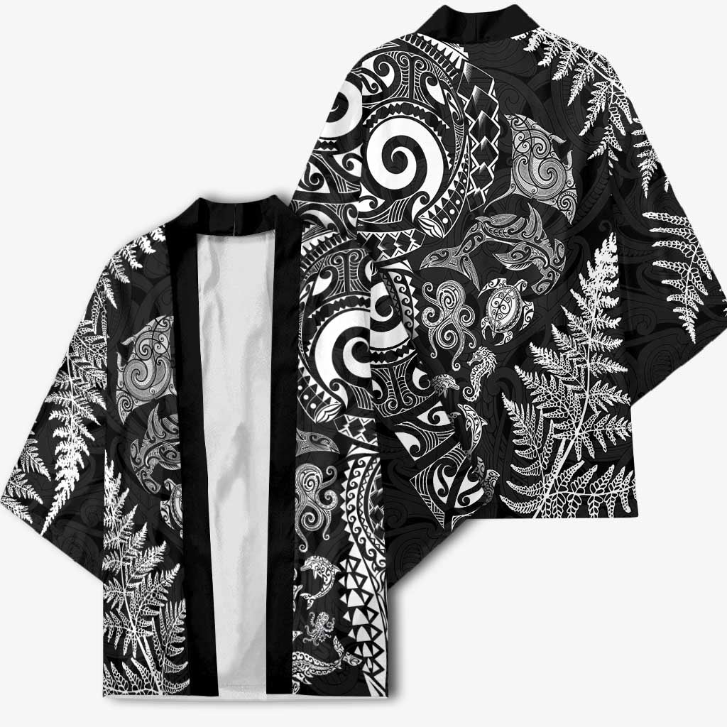 New Zealand Sea Animals Kimono with Maori Koru Tribal Tattoo and Silver Ferns Black Color