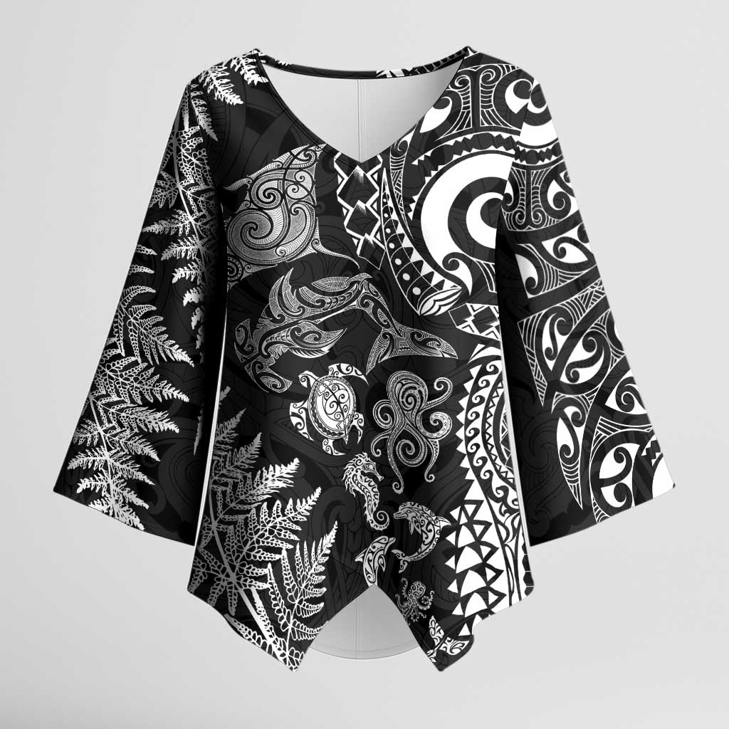 New Zealand Sea Animals Kimono Sleeve Blouse with Maori Koru Tribal Tattoo and Silver Ferns Black Color