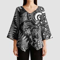 New Zealand Sea Animals Kimono Sleeve Blouse with Maori Koru Tribal Tattoo and Silver Ferns Black Color