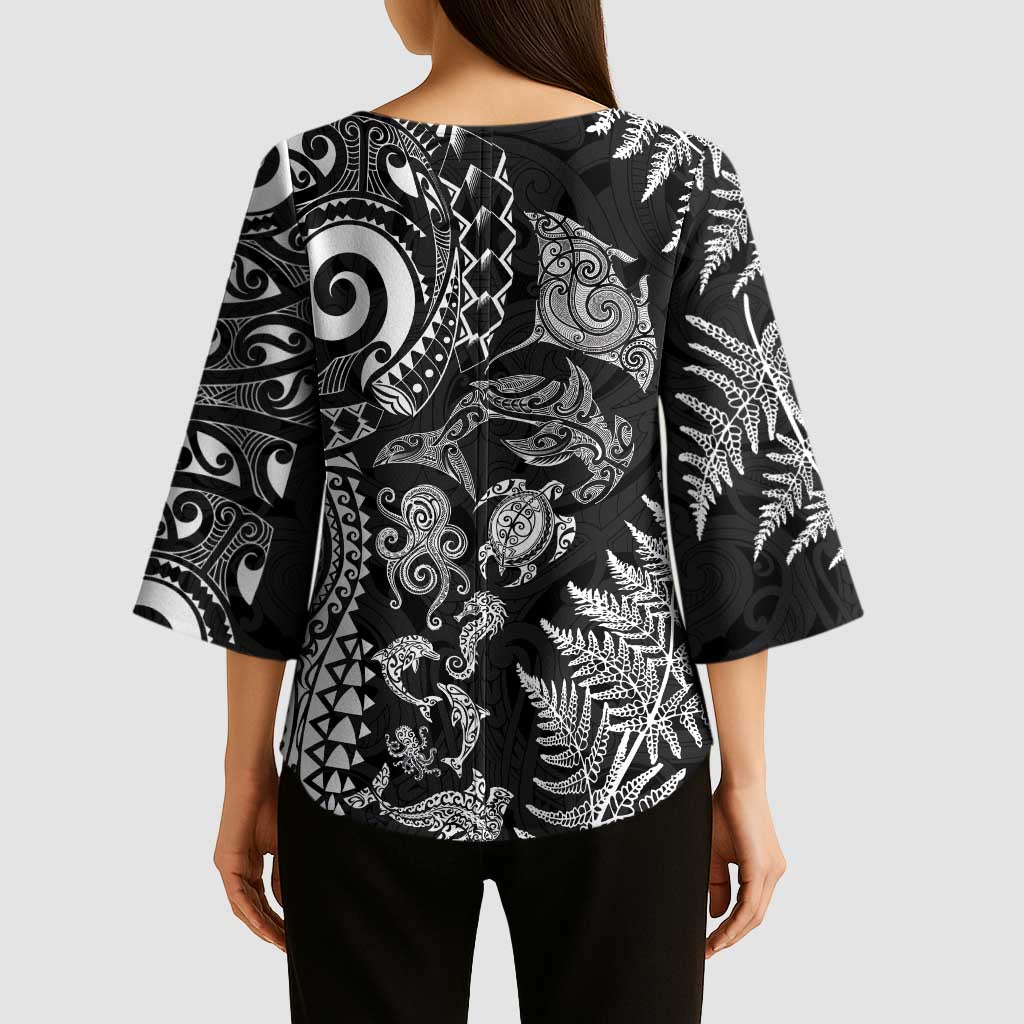 New Zealand Sea Animals Kimono Sleeve Blouse with Maori Koru Tribal Tattoo and Silver Ferns Black Color