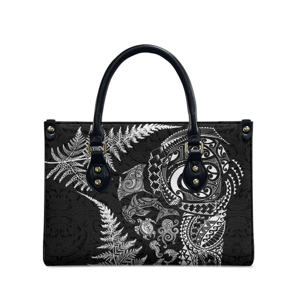 New Zealand Sea Animals Leather Bag with Maori Koru Tribal Tattoo and Silver Ferns Black Color