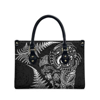 New Zealand Sea Animals Leather Bag with Maori Koru Tribal Tattoo and Silver Ferns Black Color