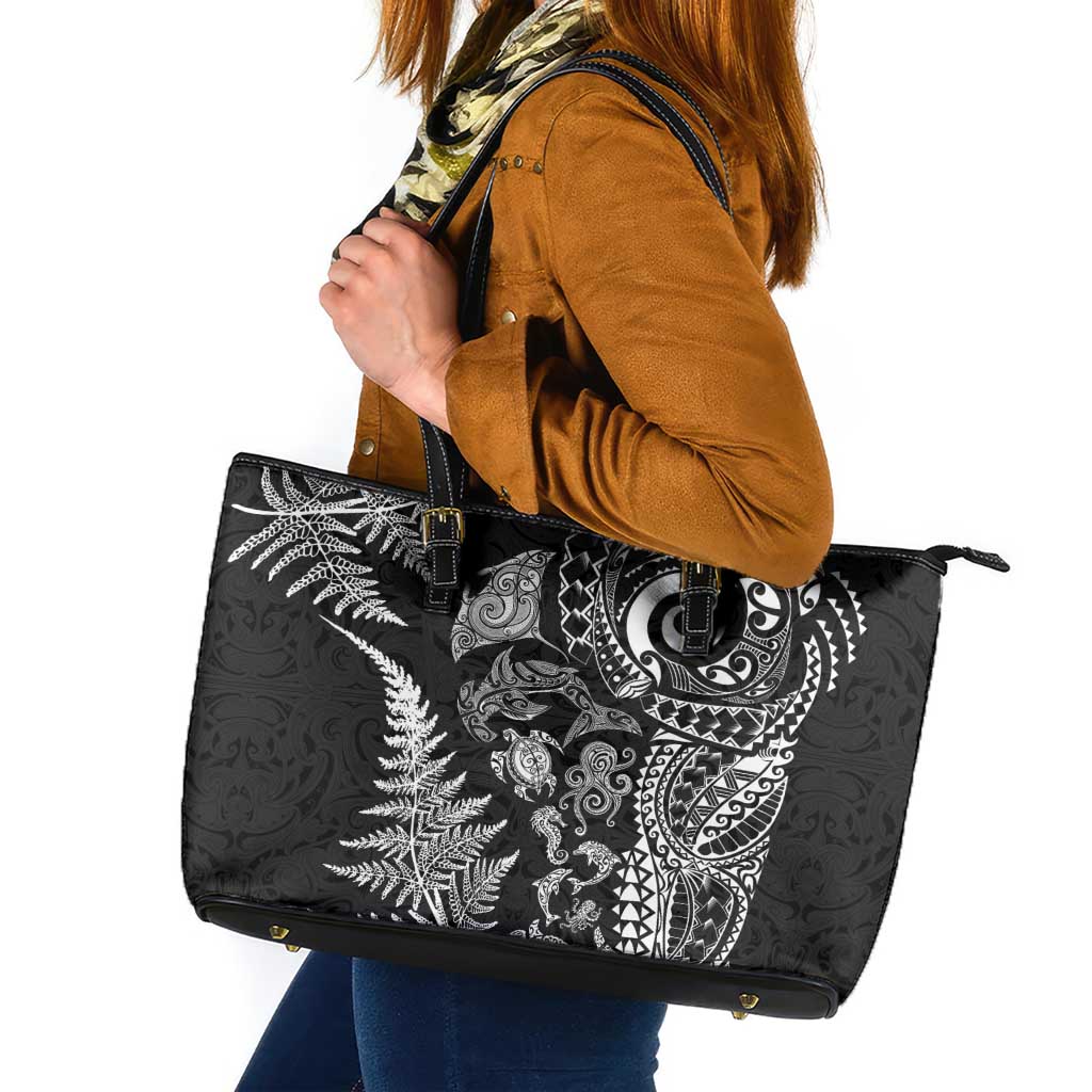 New Zealand Sea Animals Leather Tote Bag with Maori Koru Tribal Tattoo and Silver Ferns Black Color LT03 Black - Polynesian Pride