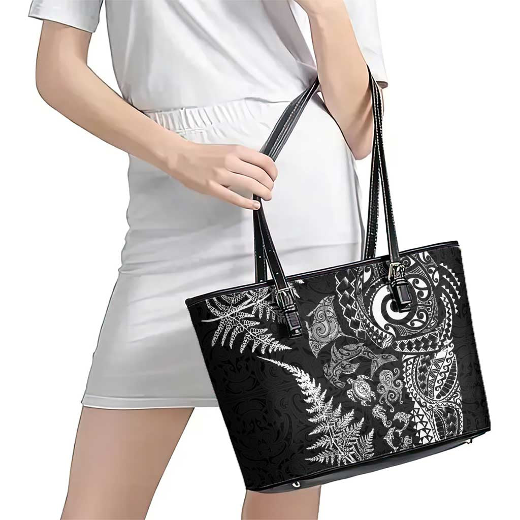 New Zealand Sea Animals Leather Tote Bag with Maori Koru Tribal Tattoo and Silver Ferns Black Color
