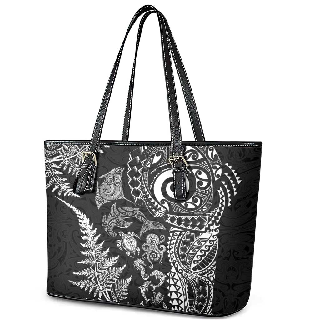 New Zealand Sea Animals Leather Tote Bag with Maori Koru Tribal Tattoo and Silver Ferns Black Color