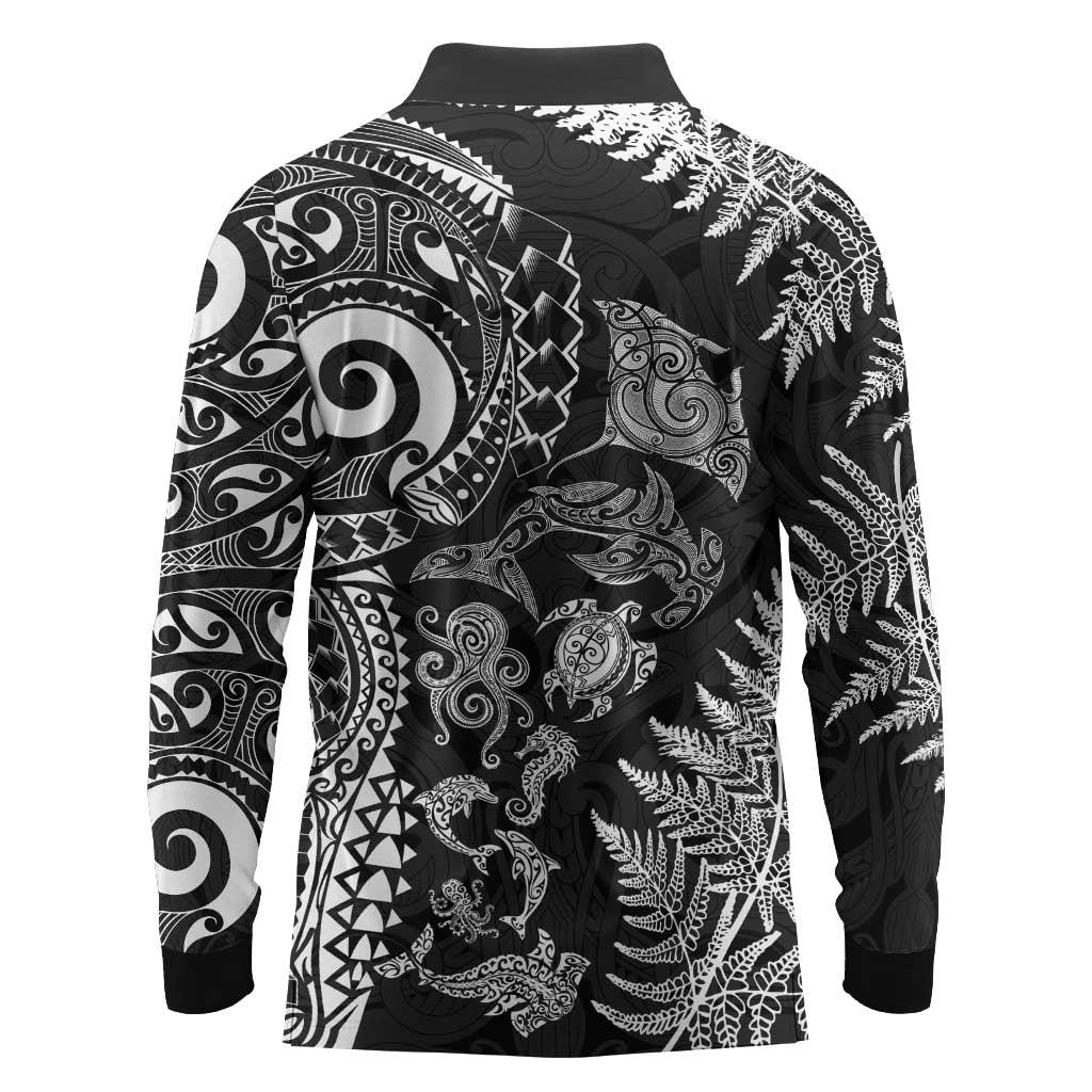 New Zealand Sea Animals Long Sleeve Polo Shirt with Maori Koru Tribal Tattoo and Silver Ferns Black Color