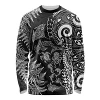 New Zealand Sea Animals Long Sleeve Shirt with Maori Koru Tribal Tattoo and Silver Ferns Black Color