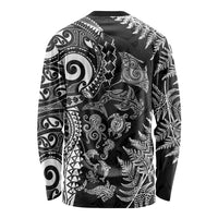 New Zealand Sea Animals Long Sleeve Shirt with Maori Koru Tribal Tattoo and Silver Ferns Black Color