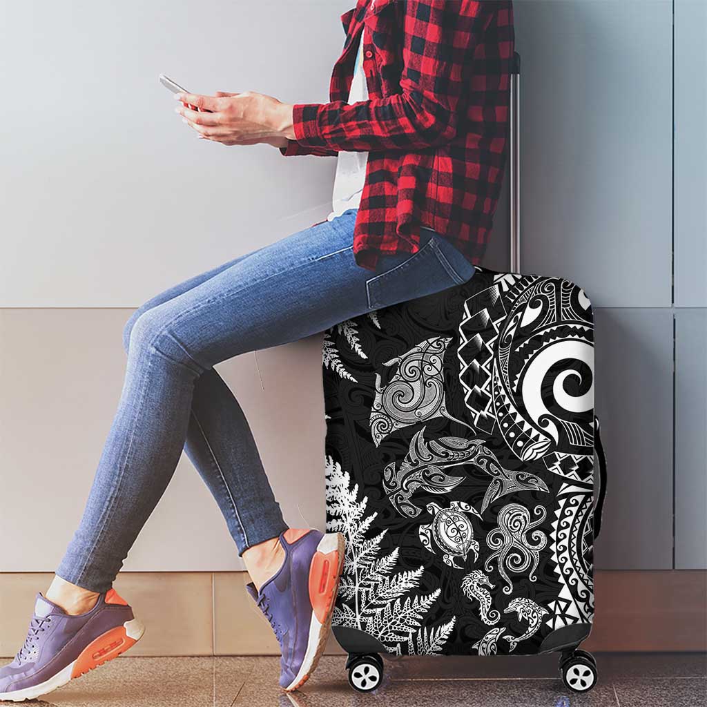 New Zealand Sea Animals Luggage Cover with Maori Koru Tribal Tattoo and Silver Ferns Black Color