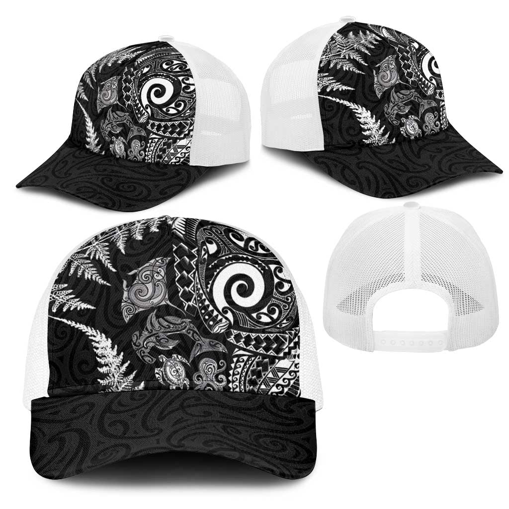 New Zealand Sea Animals Mesh Trucker Cap with Maori Koru Tribal Tattoo and Silver Ferns Black Color