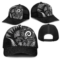 New Zealand Sea Animals Mesh Trucker Cap with Maori Koru Tribal Tattoo and Silver Ferns Black Color
