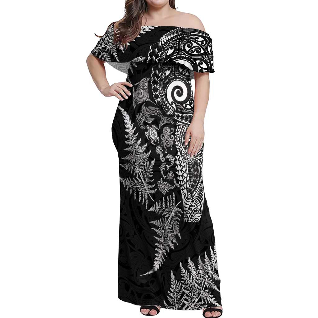 New Zealand Sea Animals Off Shoulder Maxi Dress with Maori Koru Tribal Tattoo and Silver Ferns Black Color LT03 Women Black - Polynesian Pride