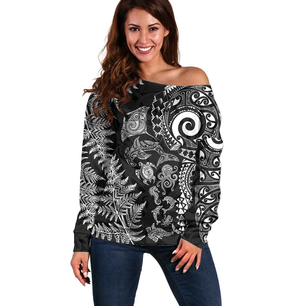 New Zealand Sea Animals Off Shoulder Sweater with Maori Koru Tribal Tattoo and Silver Ferns Black Color LT03 Women Black - Polynesian Pride