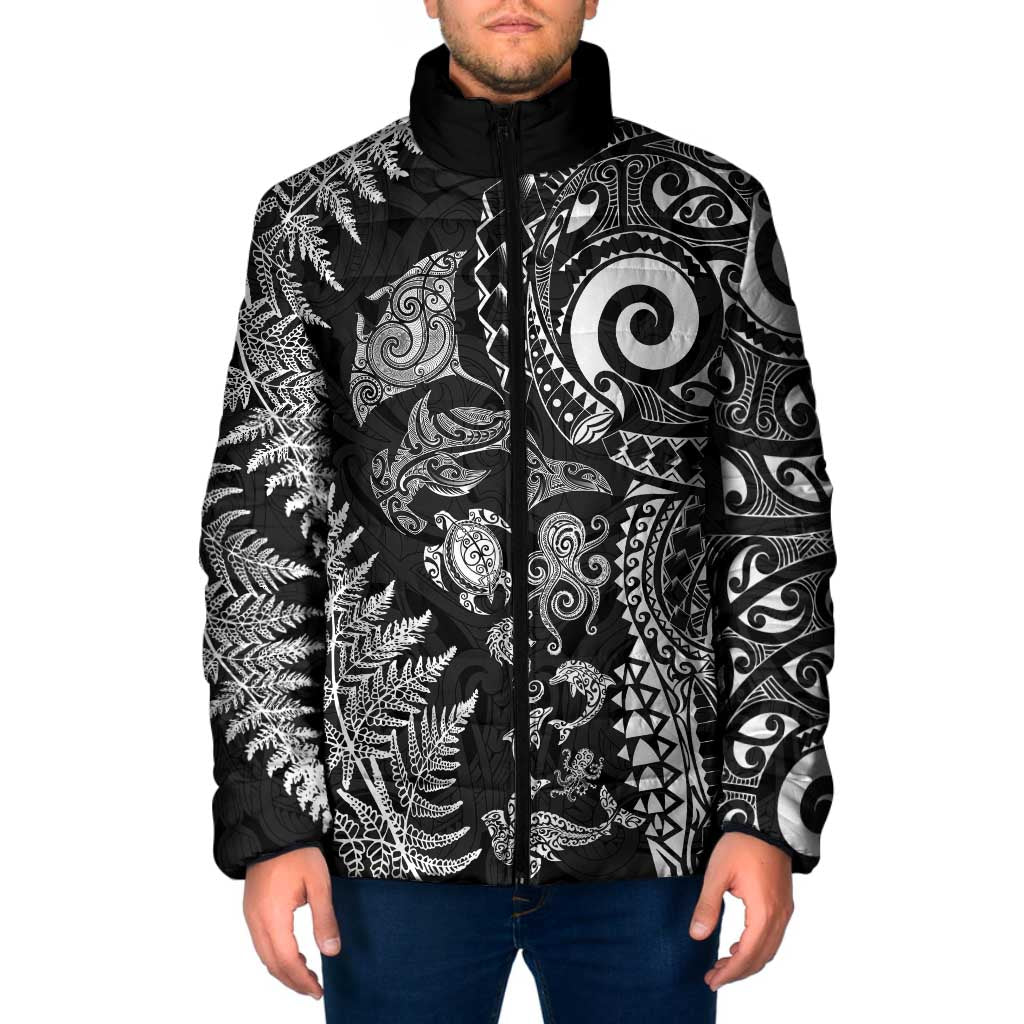 New Zealand Sea Animals Padded Jacket with Maori Koru Tribal Tattoo and Silver Ferns Black Color LT03 Men Black - Polynesian Pride
