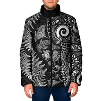 New Zealand Sea Animals Padded Jacket with Maori Koru Tribal Tattoo and Silver Ferns Black Color